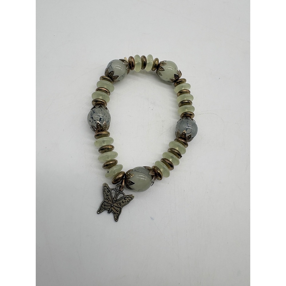 Bohemian Sage Green Beaded Butterfly Charm Stretch Braceletโ Antique Bronze